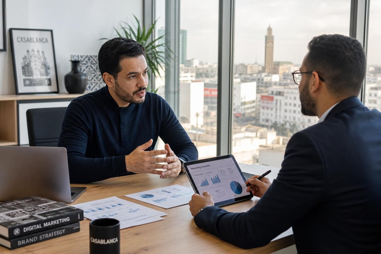 agence marketing digital Maroc — rencontre entre un entrepreneur marocain et un consultant digital | Maroc Web Solutions