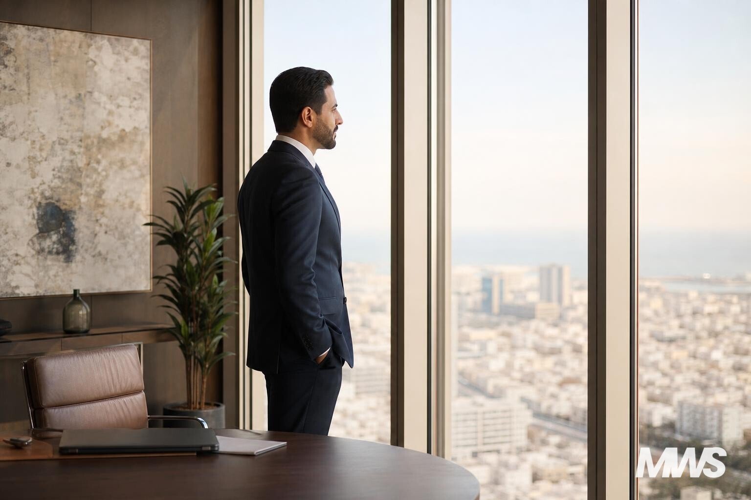 agence SEO Maroc — dirigeant marocain dans son bureau avec vue sur la ville | Maroc Web Solutions