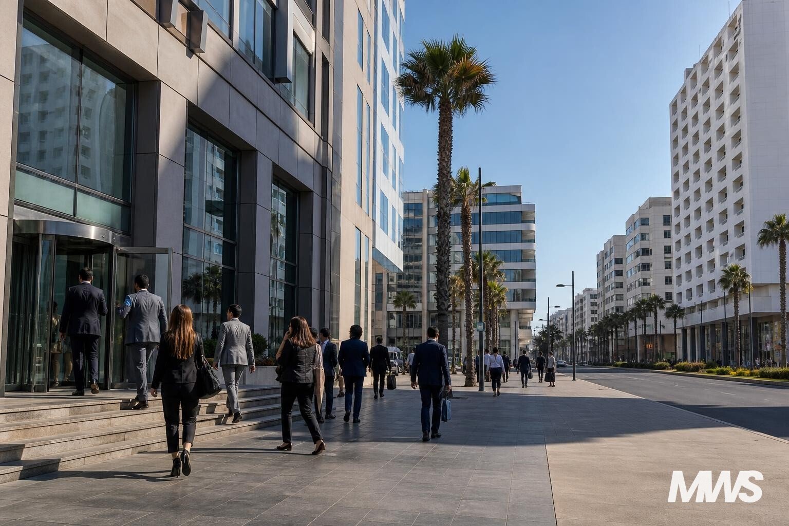 Des professionnels marchant dans le quartier d’affaires de Casablanca sous le soleil