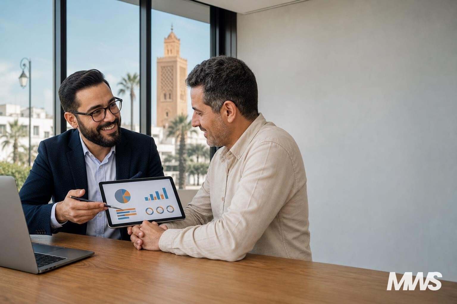 Un expert du marketing digital présente des résultats de campagne à un entrepreneur à Rabat