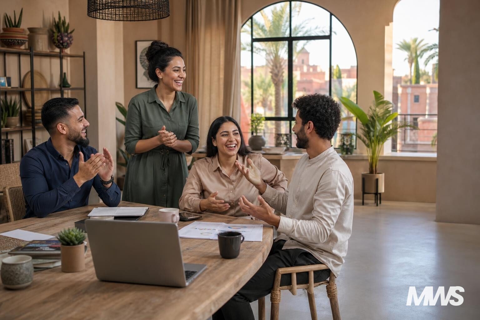 Une équipe de PME à Marrakech échangeant autour d'une campagne publicitaire réussie