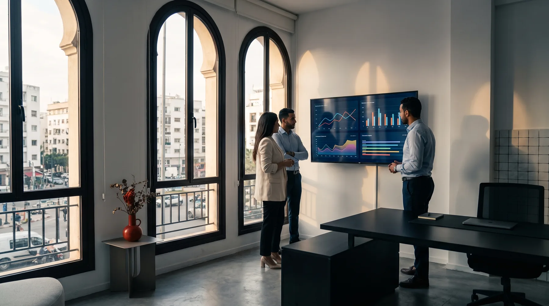 Environnement de travail avec ordinateurs et écrans d'analyse