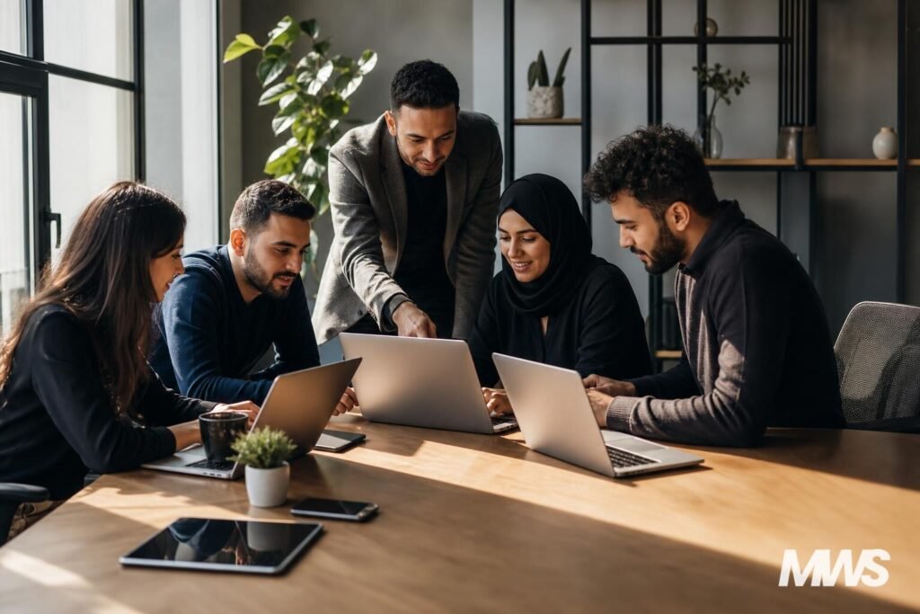 Une équipe d’experts en agence marketing digital Maroc Web Solutions en pleine réunion